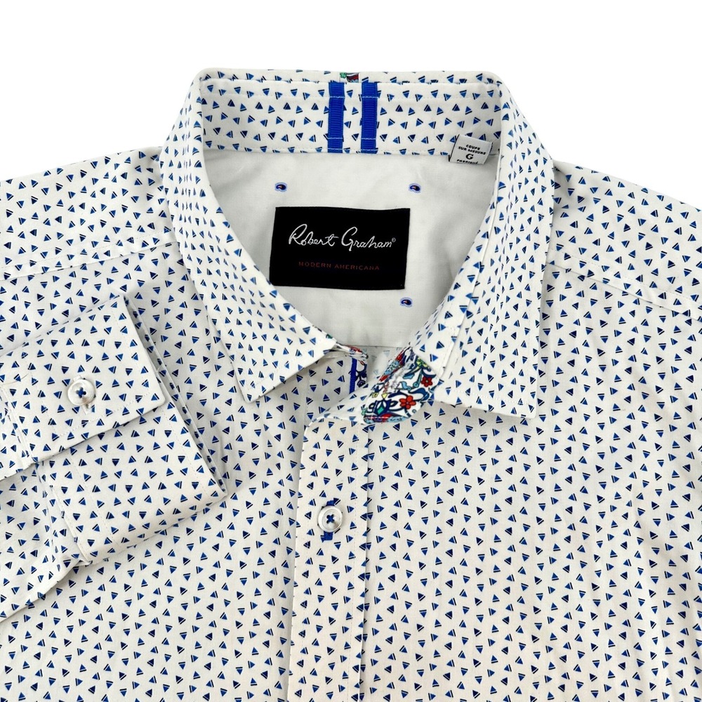 Robert Graham Mens Tailored Fit Geometric Triangle Print Shirt White Blue Large